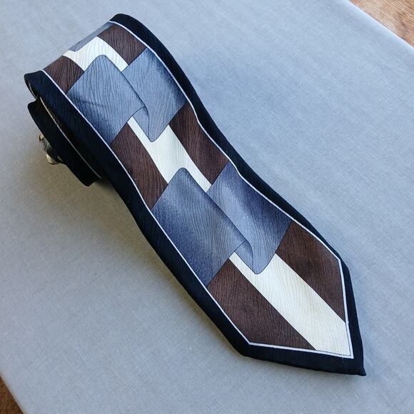 Vintage Y2K Silk Neck Tie geometric grey ribbon brown cream black wood texture - Picture 1 of 14